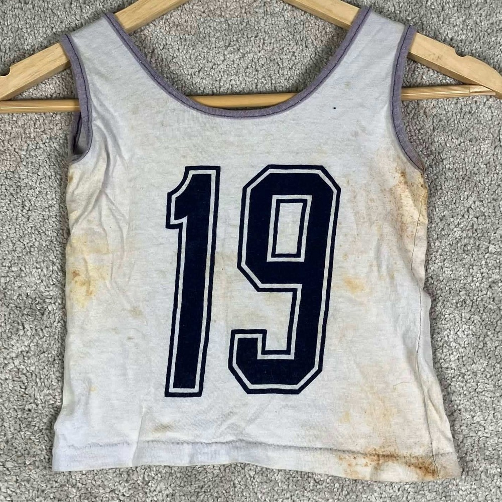 Vintage Allison Tank Top Kids Small White 19 Graphic Sleeveless Cotton Distress